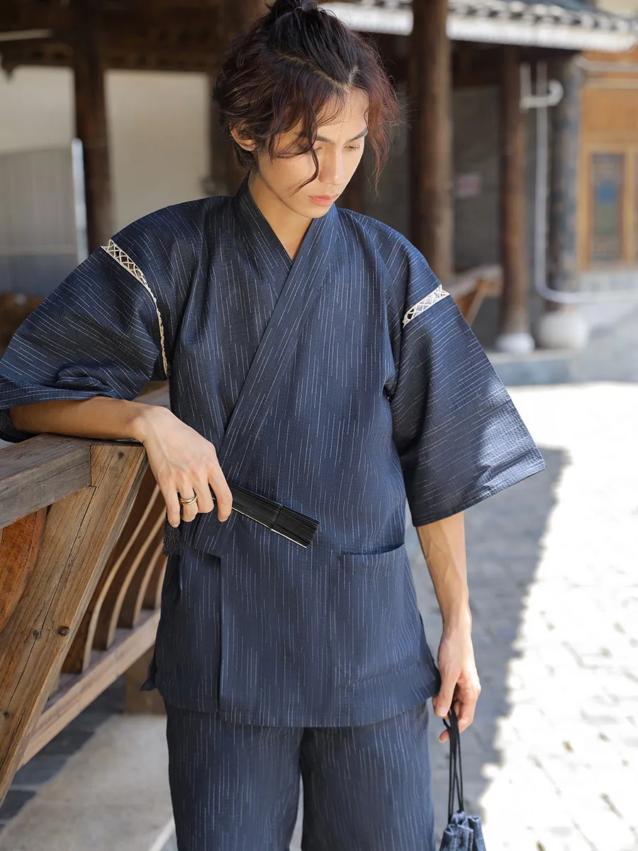 Japanese Tie Up Kimono Robes Pajamas Set Men's Striped Homewear Cotton Loose Summer Loose 2 Piece Set Nightwear Simple Sleepwear