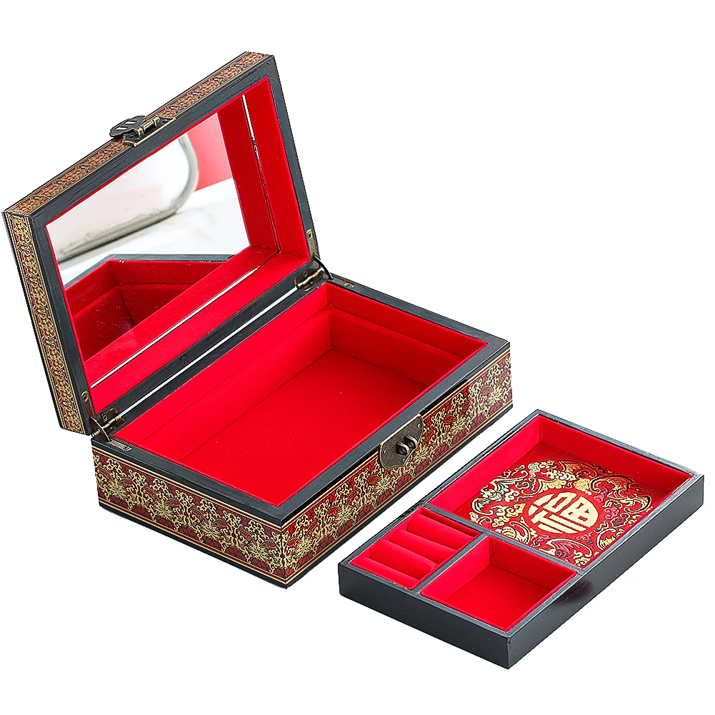 Chinese Magpie Jewelry Box Wooden Double Layer Jewelry Storage Handmade Painted Antique Makeup Case with Mirror Wedding Gift