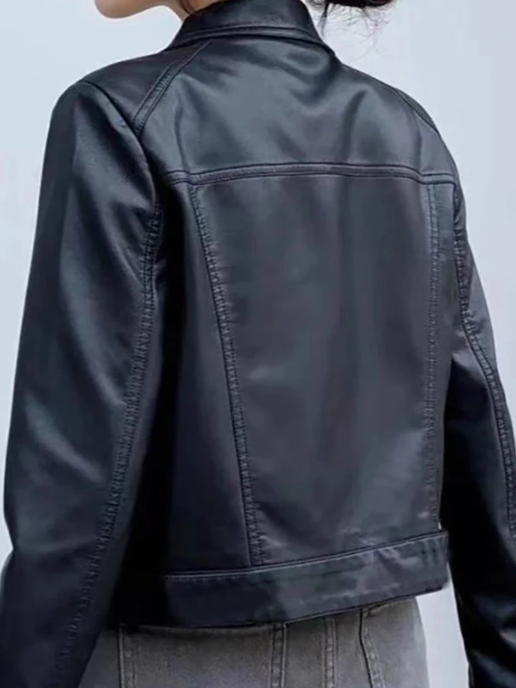 女性カジュアルラペルジャケット女性のための秋の新長袖ストリートオーバーコート女性の黒のショートオートバイレザーコート