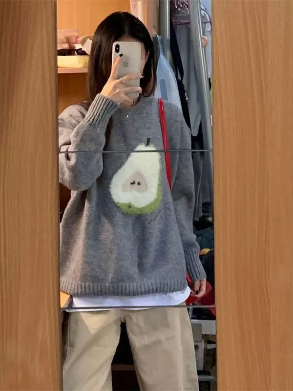 Koreanische Sle Weiche College Süße Sle runde Ne Cartoon Stickerei frauen Gestrickte Pullover Winter Faul Sle Warme Strickwaren