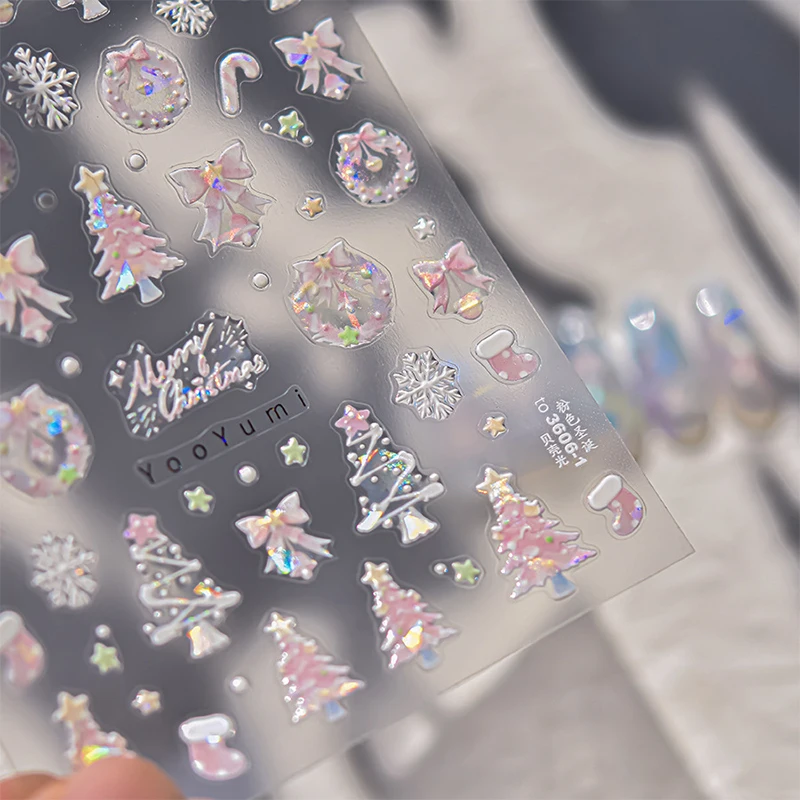 1pcs Pink Christmas Nail Stickers Shiny Shell Light Nail Art Parts Stickers Cute Snowflakes Star Wreath Nail Decorations Decals