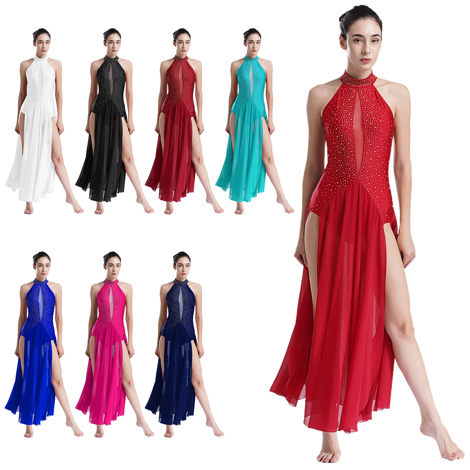 Women Lyrical Dance Dress Modern Contemporary Dancewear Halter Strappy Back Rhinestones Split Dress for Performance Competition