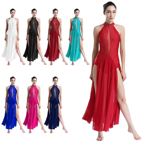 Imagen 2 del producto Vestido de danza lírica para mujer Ropa de baile contemporánea moderna Vestido dividido con diamantes de imitación halter para trajes de competición de rendimiento