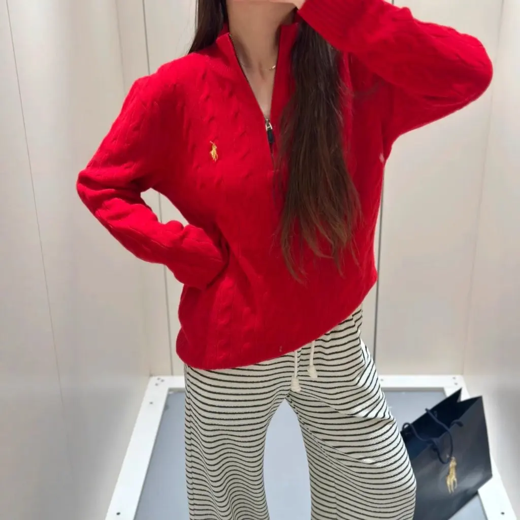 

Lavish Embroidered Horse Logo Knitted Half Zip Half High Collar Twist Knit Wool Sweater For Women Casual Elegant Style