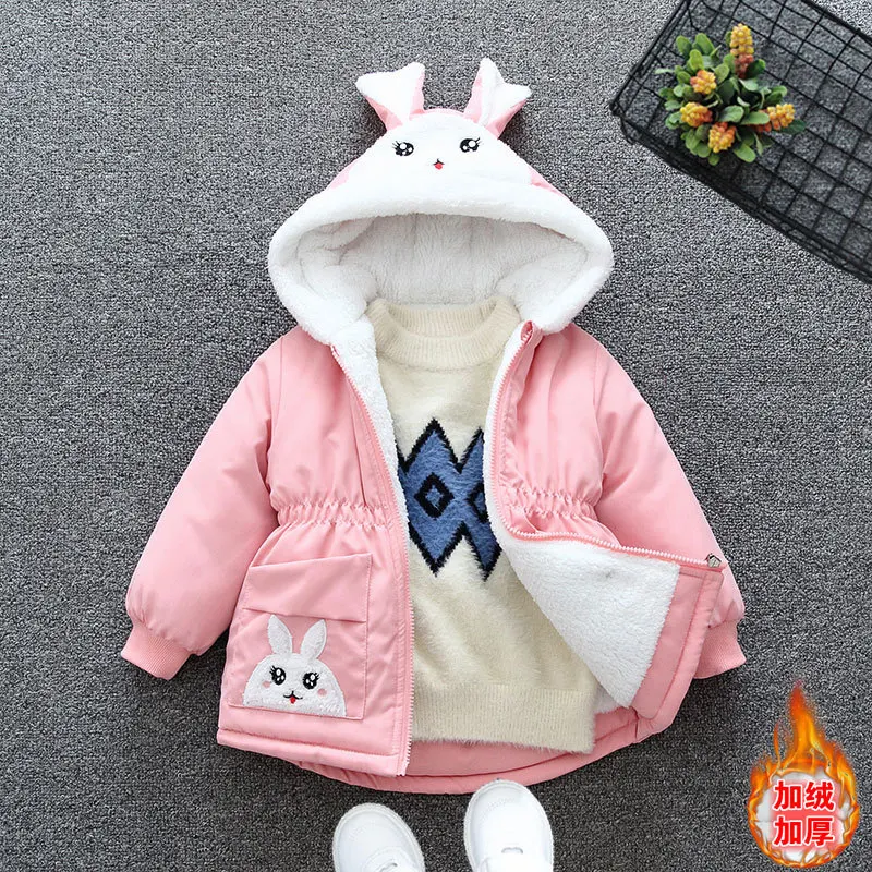 Girls Plus Velvet Thick Coats Winter Warm Kids Outerwear Fashion Baby Girl Clothing Cartoon Print Children Jackets Autumn Coats