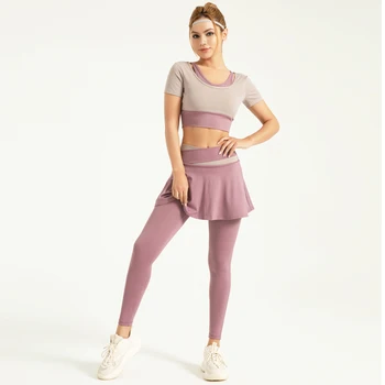 Ensemble jupe et legging de yoga à séchage rapide pour femme, manches courtes, téléphones trempés, course à pied, Pilates, entraînement, fitness, gym, tennis, 2 pièces