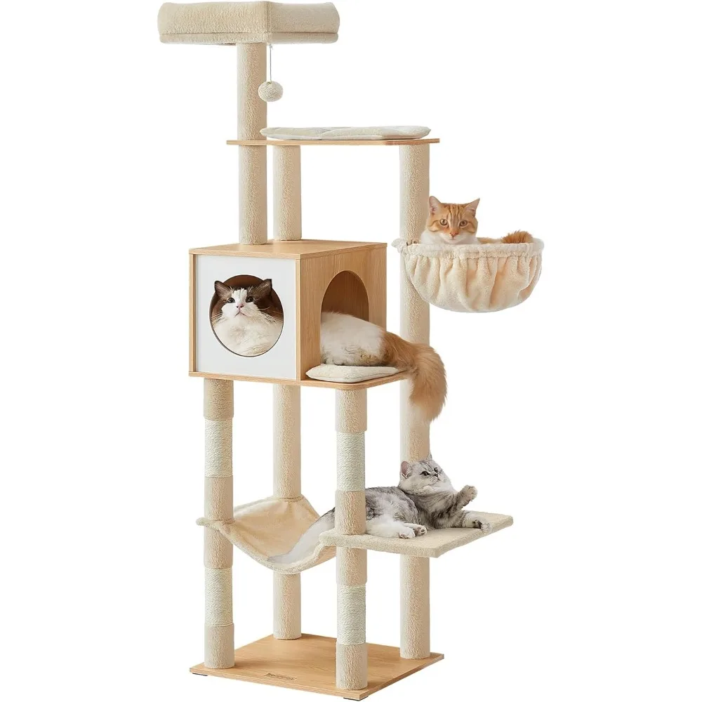 

Cat Tree, 65-Inch Tall Cat Tower, Multi-Level Cat Condo with Cave, Basket, Hammock, Pompom, Scratching Posts, Almond Yellow UPC