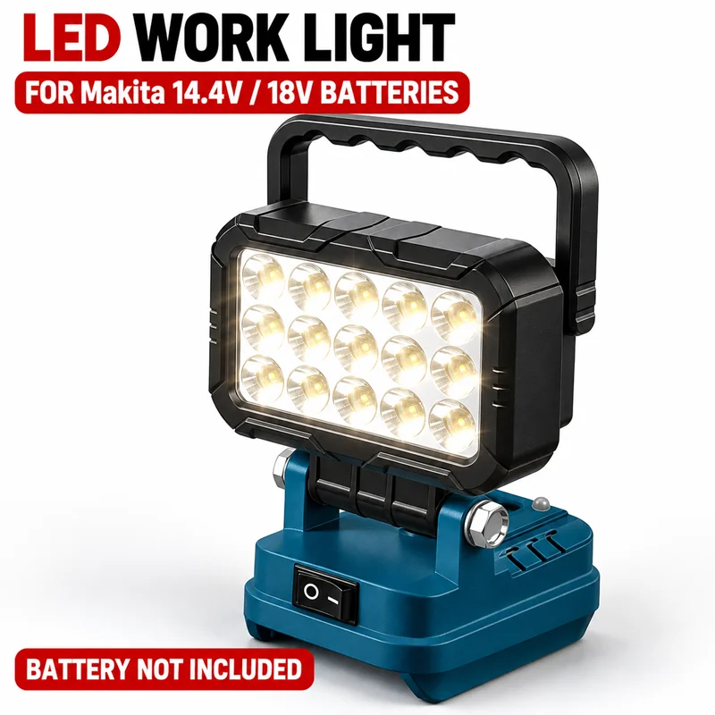LED Work Light FOR Makita 14.4V 18V Battery 3 Inch 15 LEDs 170 Degree Adjustable Head Dual USB Ports Carry Handle for Garage DIY