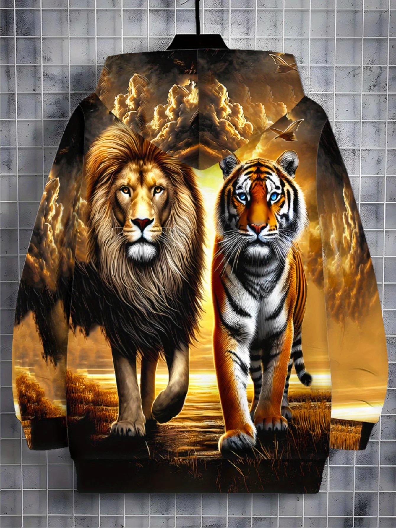 Moletom com capuz com zíper para homens com estampa de leão e tigre para uso em sala de estar, cores laranja e marrom vibrantes, leve e durável