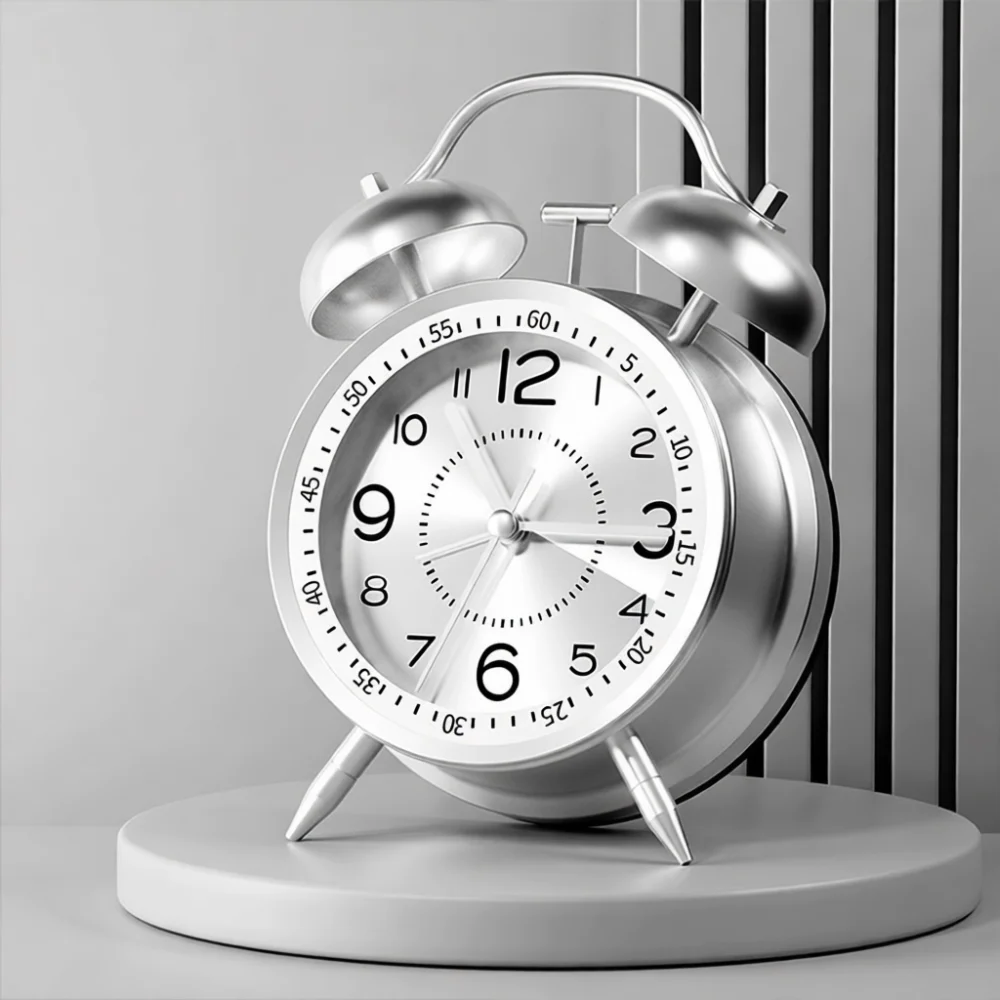 Compact Rechargeable Alarm Clock Silent Metal Desk Watch Luminous Pointer Bedroom Night Table Time Management Device