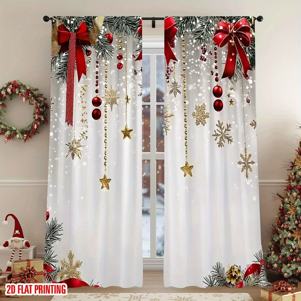 D Flat Printed Merry Christmas Window Curtain 2pcs Durable Polyester for Xmas Party Indoor Outdoor Home Garden Decor