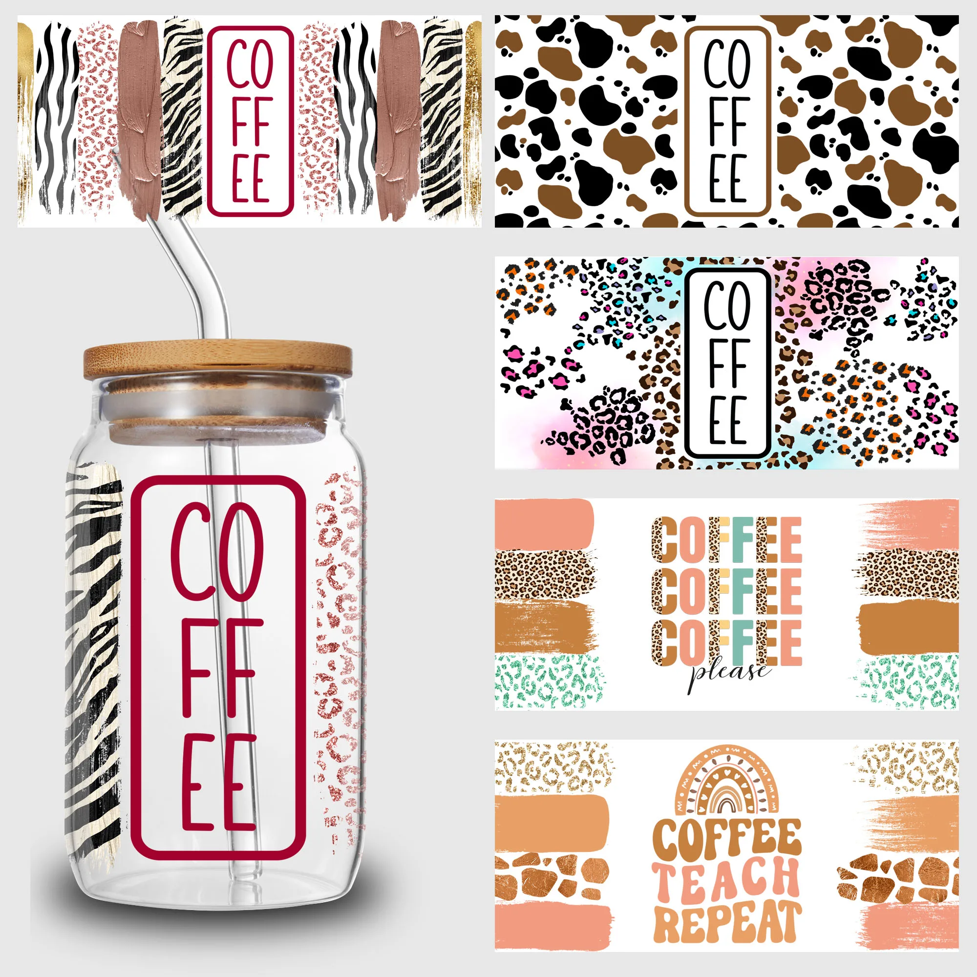 5 Sheets Coffee Design Stickers UV DTF Cup Stickers, Glass Sport DTF Transfer Stickers, Waterproof Coffee Stickers Wipe-On