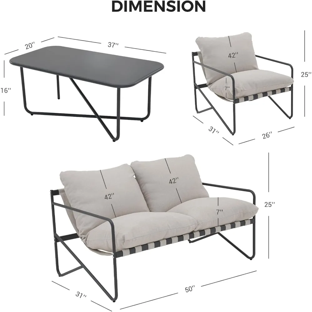 4-Piece Patio Furniture Set, Outdoor Patio Sofa Set with Cushion, Modern Metal Couch Loveseat Chairs Coffee Table