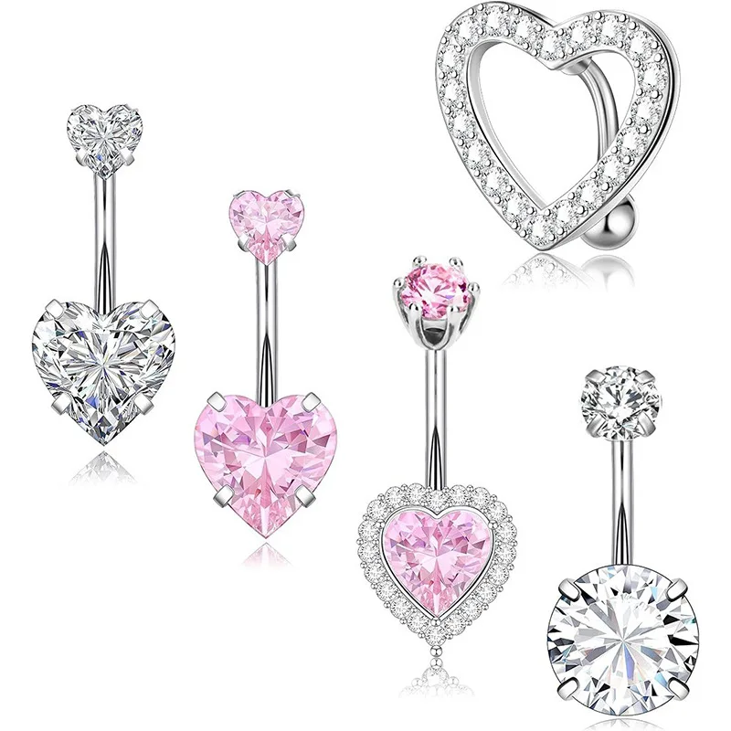 5PCS Pink Crystal Belly Button Rings Set Purple Heart Navel Piercing Bulk Green Flower Belly Rings Packs Piercing Ombligo Lots