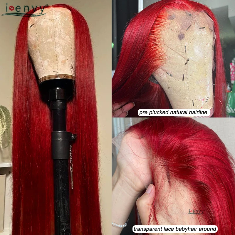 Peluca de cabello humano liso con encaje Frontal, color rojo, Borgoña 99J, transparente, Hd, 13x6, 13x4, brasileño, a la venta