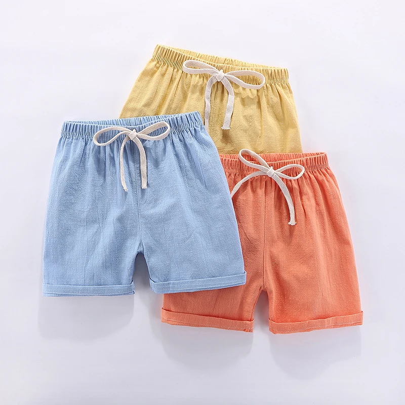 Pantalones cortos de verano para niños y niñas, Shorts de playa informales de Color caramelo, algodón y lino, transpirables y suaves, 100-160cm