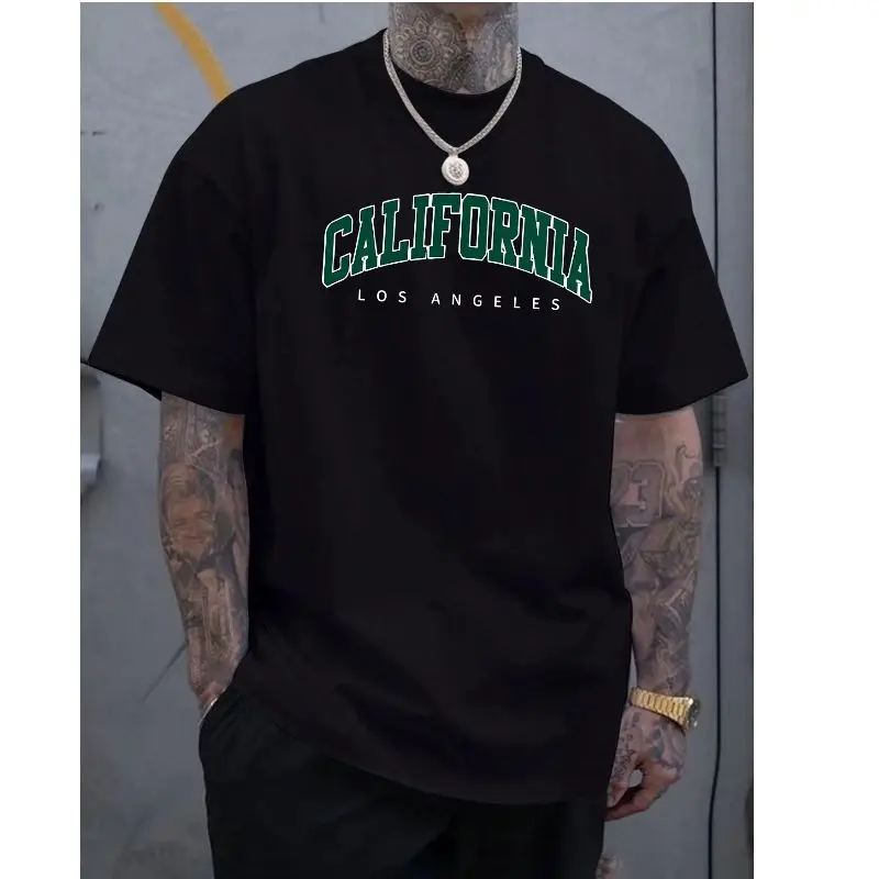 

New men's pure cotton sports casual T-shirt, loose California letter printed short sleeved round neck comfortable T-shirt