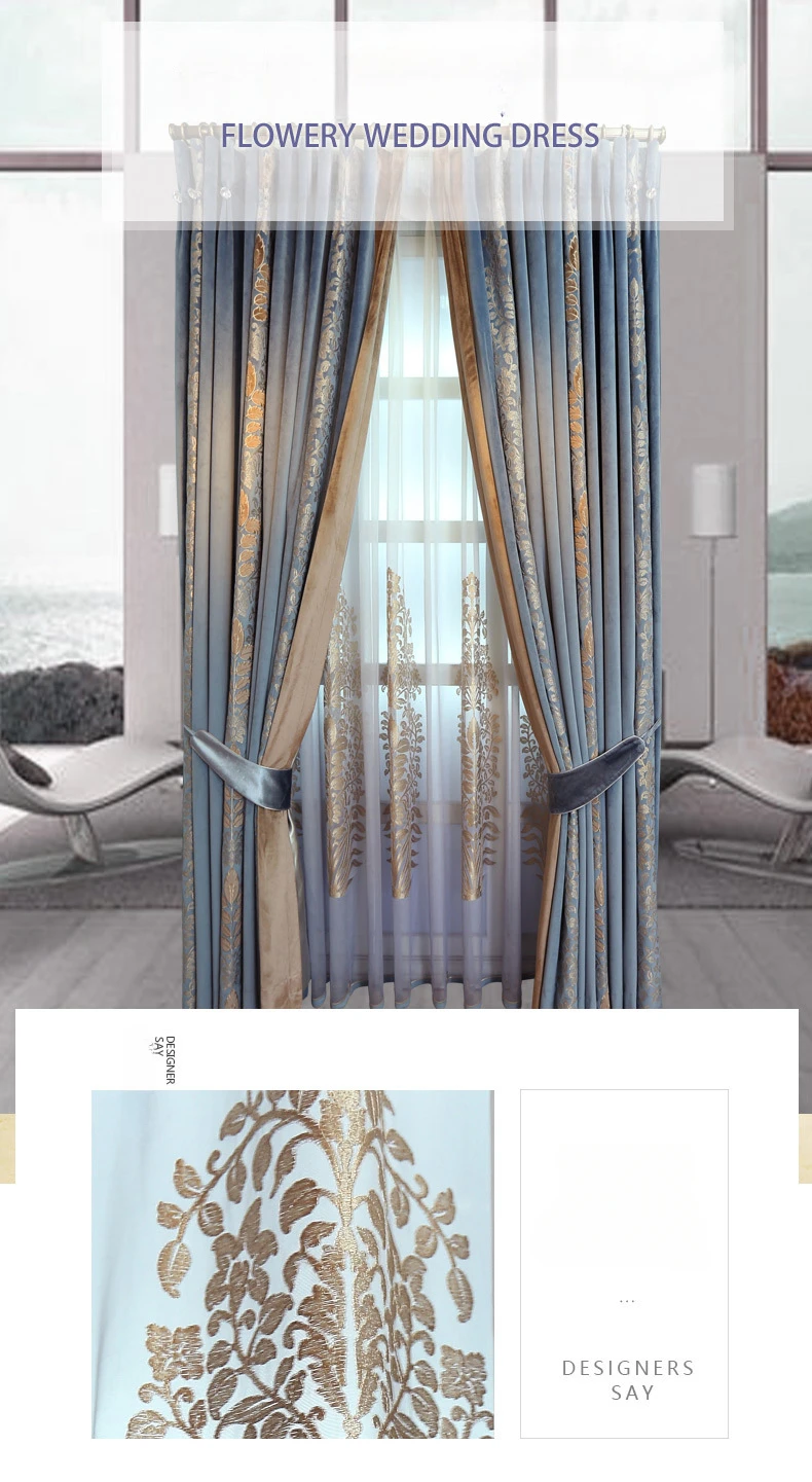 Verdunkelungsvorhänge mit Samtstickerei für Wohnzimmer, Esszimmer, Schlafzimmer, Stoff, Gaze, europäisches französisches Schlafzimmer, Zimmervorhangstoff – Detail 1