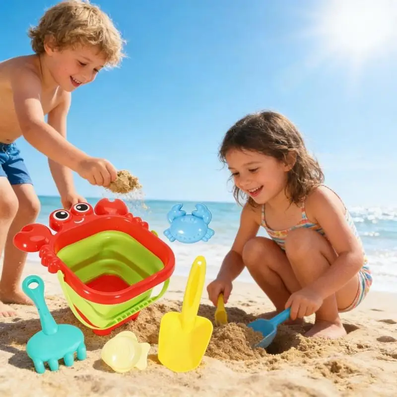 5 Piece Foldable Beach Toy Set Cartoon Shaped Sand Water Play Bucket For Kids Outdoor Activity A2UB