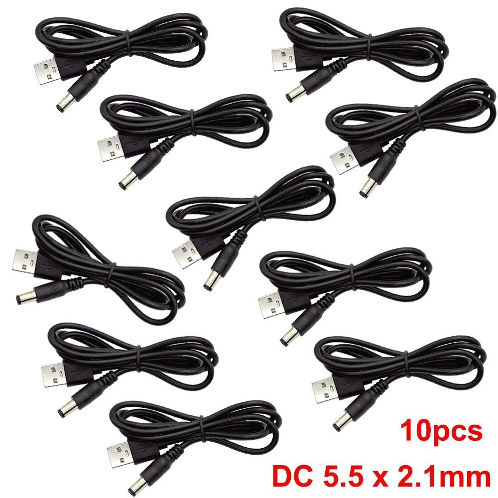 10pcs 1M USB 2.0 Male A to DC 5.5mm x 2.1mm Plug Jack DC Power Cord Socket Connector 5V Cable Line 5.5*2.1mm Wholesale