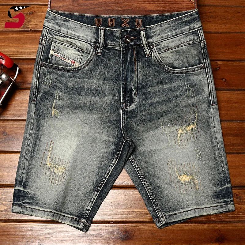 High-End Hole & Patch Trendy Denim Shorts Heren Zomer Modemerk Stretch Vervaagde Vintage Jeugd Casual Cropped Broek