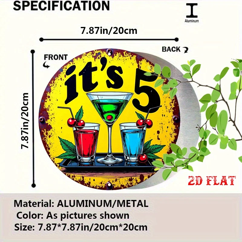 2D Flat - Round Aluminum Sign Measuring 7.87X7.87 Inches Featuring Party Vibes, Cocktail Drinks, And a Retro Design - Perfect fo