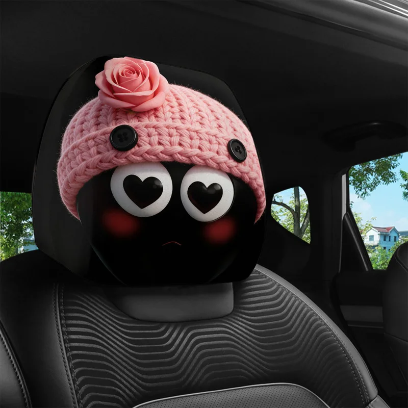 1/2 Pcs Car Headrest Covers, Cute Cartoon Character With Pink Knit Hat, Rose Detail & Heart Eyes Design, For Car Interior