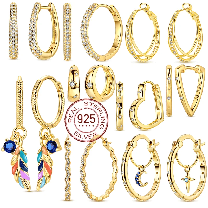 Boucles d'oreilles créoles série or en argent Sterling 925, forme irrégulière scintillante, plume, étoile, clou pour femme et fille, bijoux cadeau