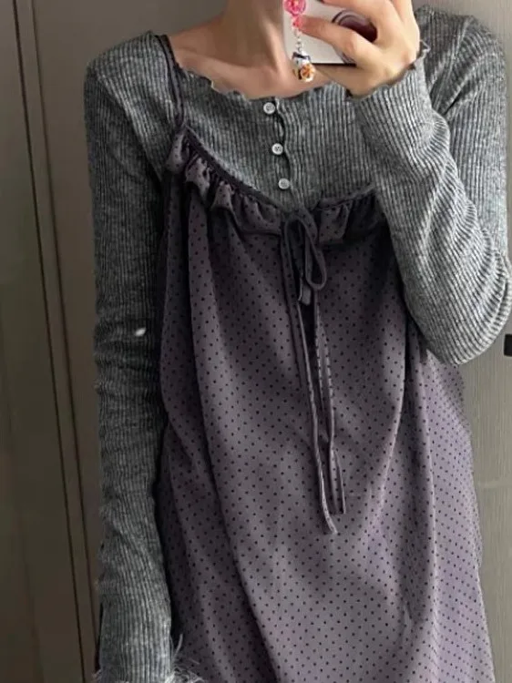 Vestido  de Verão com Estampa de Poá para Mulheres, Estilo Coreano, Com Cinto, Saia em Camadas com Babados, Sem Mangas, S...