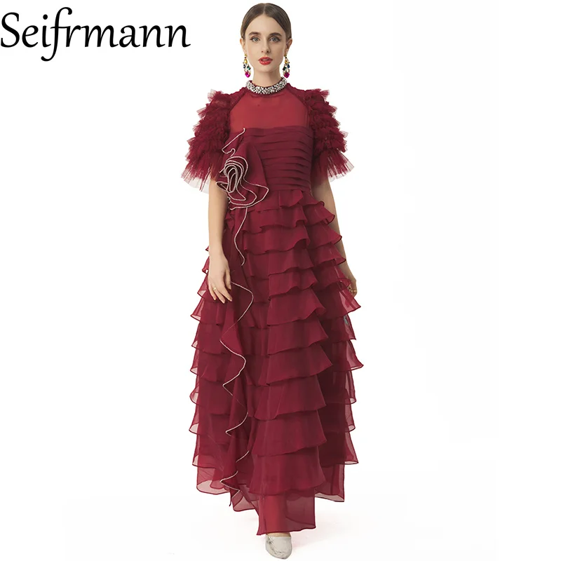 

Seifrmann 2026 Summer Women's New Fashionable Round Neck Short Sleeve Nail Bead Mesh Waist cinching Long Dress