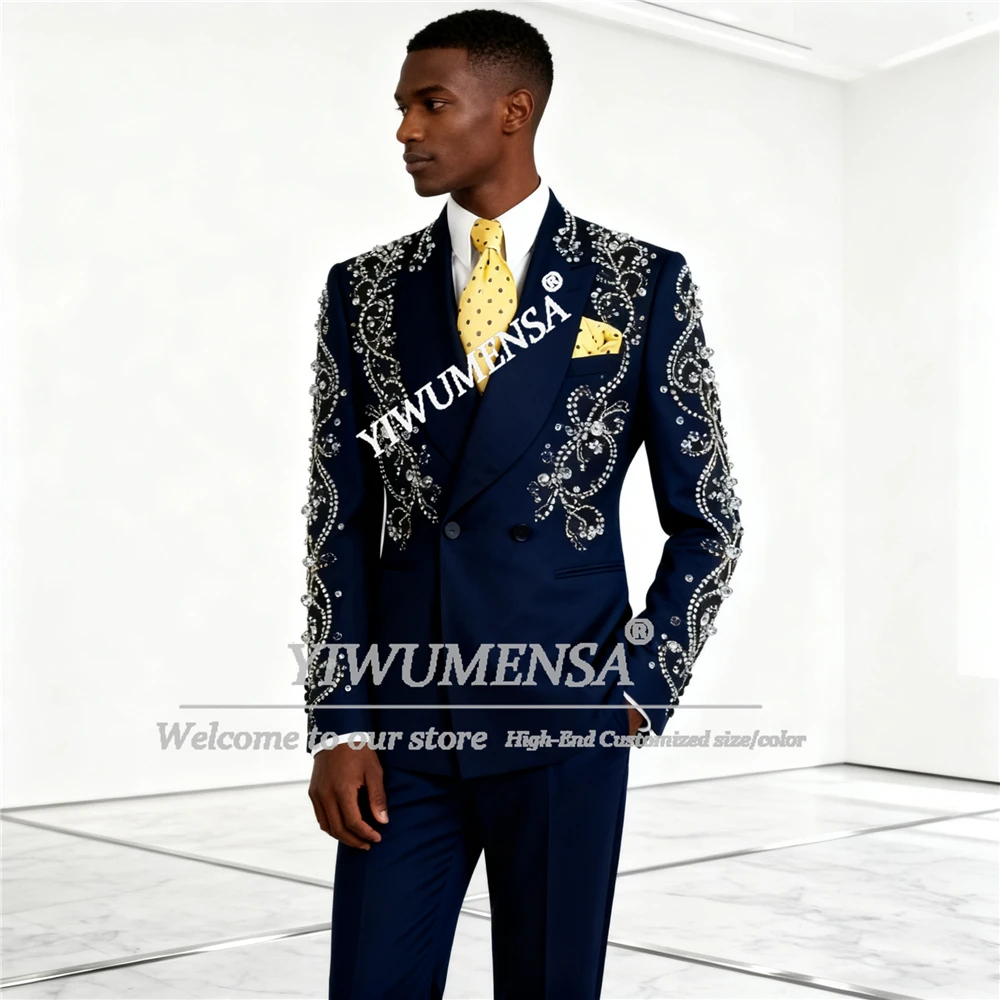 

Роскошный мужской костюм с серебряными стразами, комплект из 2 предметов, мужские пиджаки для жениха, облегающие индивидуальные формальные свадебные смокинги, Ropa hombre