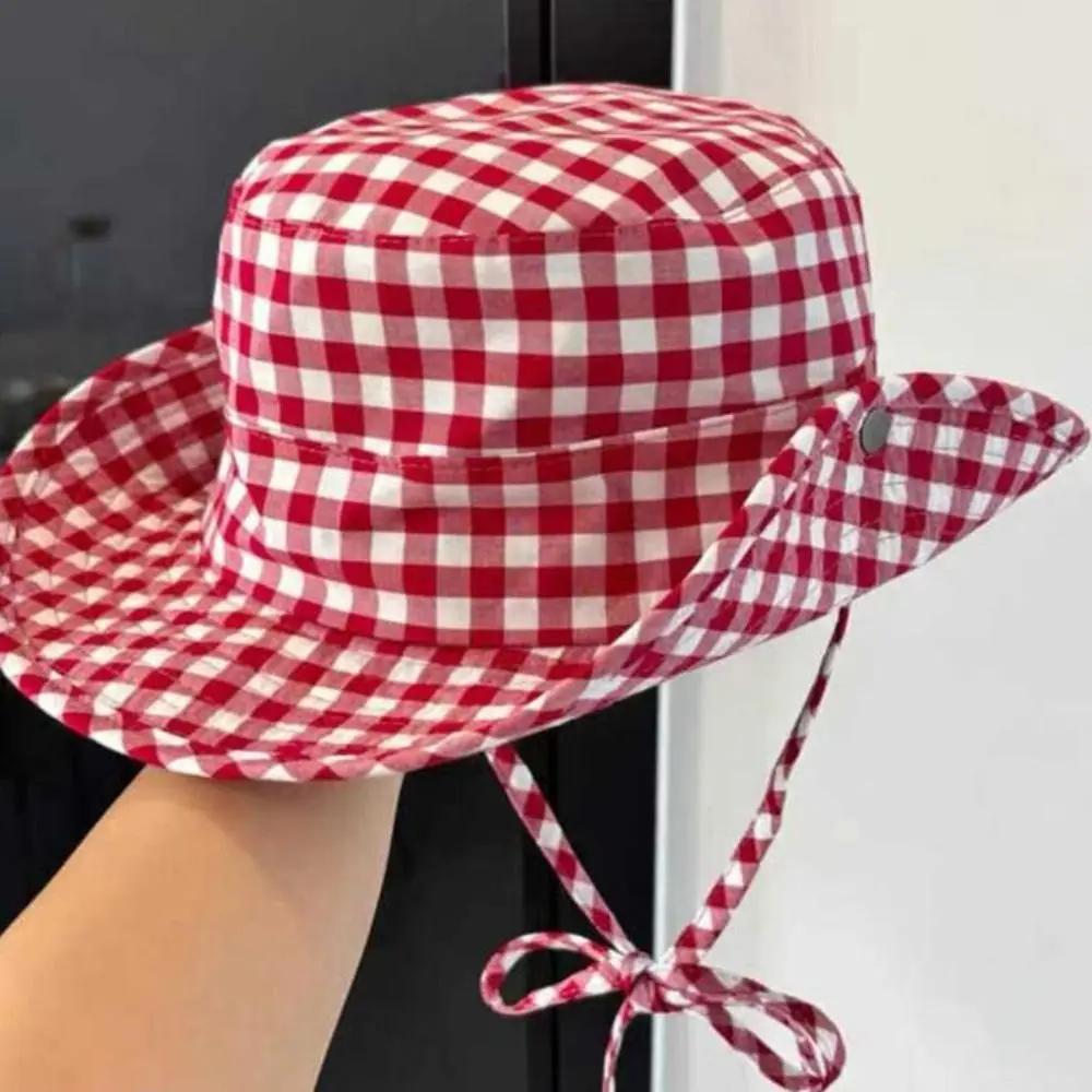 Simple Lattice Y2k Fishmen Hat Japanese Solid Color Western Cowboy Hat All-match Waterproof Wide Brim Sun Hat Fishing