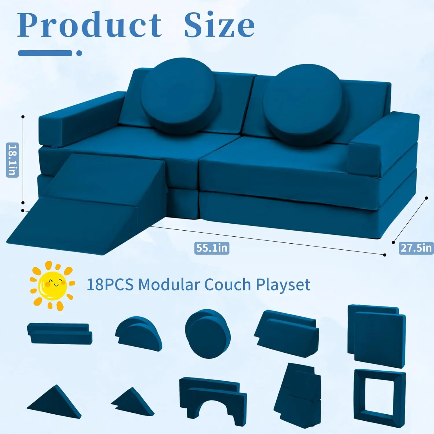 Kids Sofa Modular - 18pcs Children Couches Building Fort, Convertible Foam Playing Cushion Creative Playroom Floor