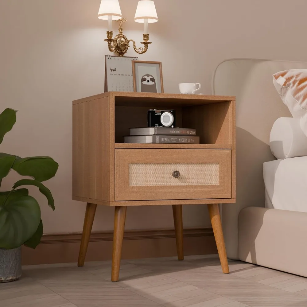 

Modern Wicker Rattan Stand, Rattan Stand with Drawer and Small Space, Wooden Side Table for Small Spaces, Natural Wood Bedside