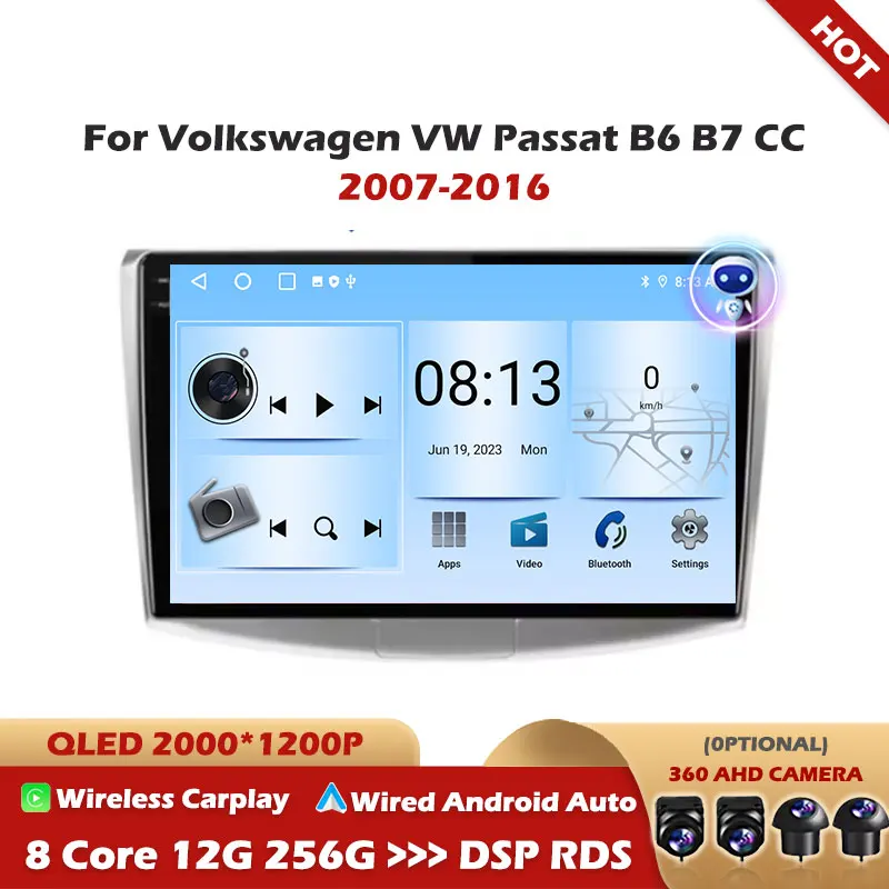 

For Volkswagen VW Passat B6 B7 CC 2007-2016 Android 16 Carplay Auto 4G+WIFI GPS Car Radio Multimedia Player Stereo 360 Camera BT