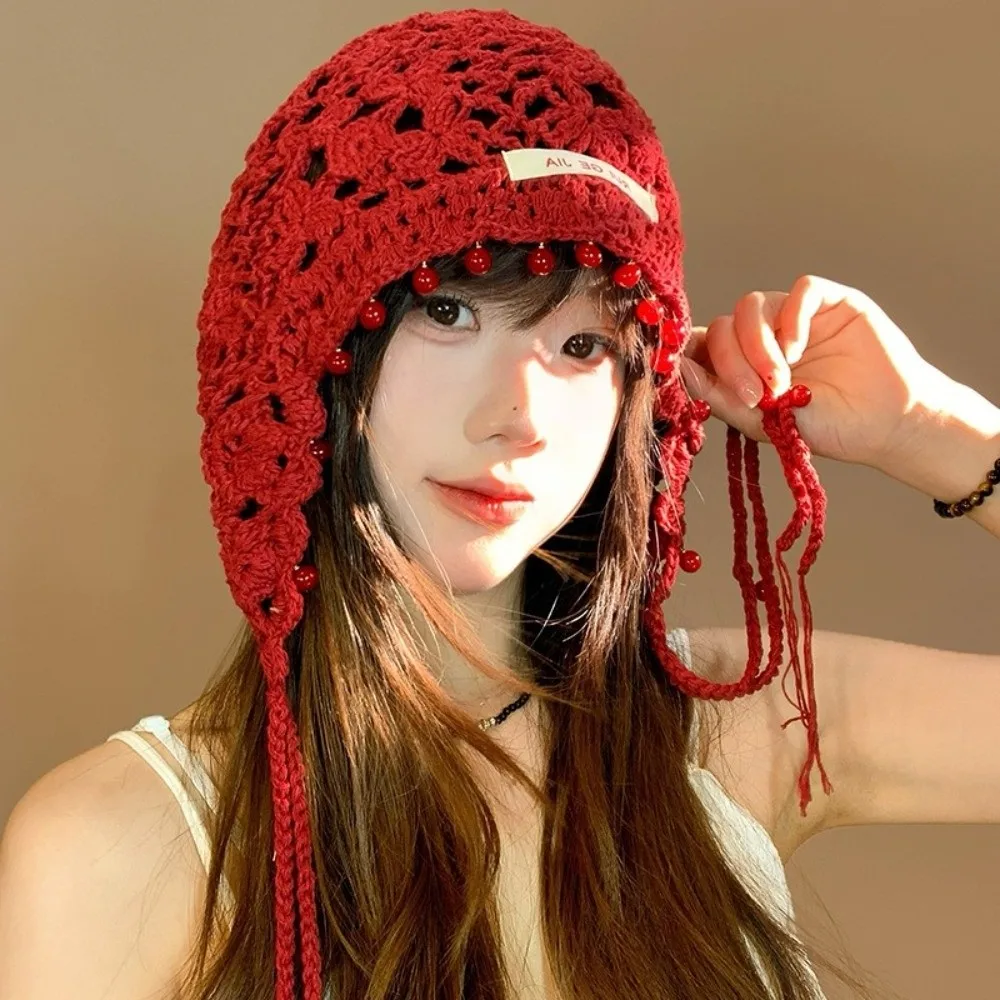 

Cute Handmade Crochet Tassels Cap Hollow Y2k Knitted Beanies Caps Pearls Sweet Weave Basin Hats Girls