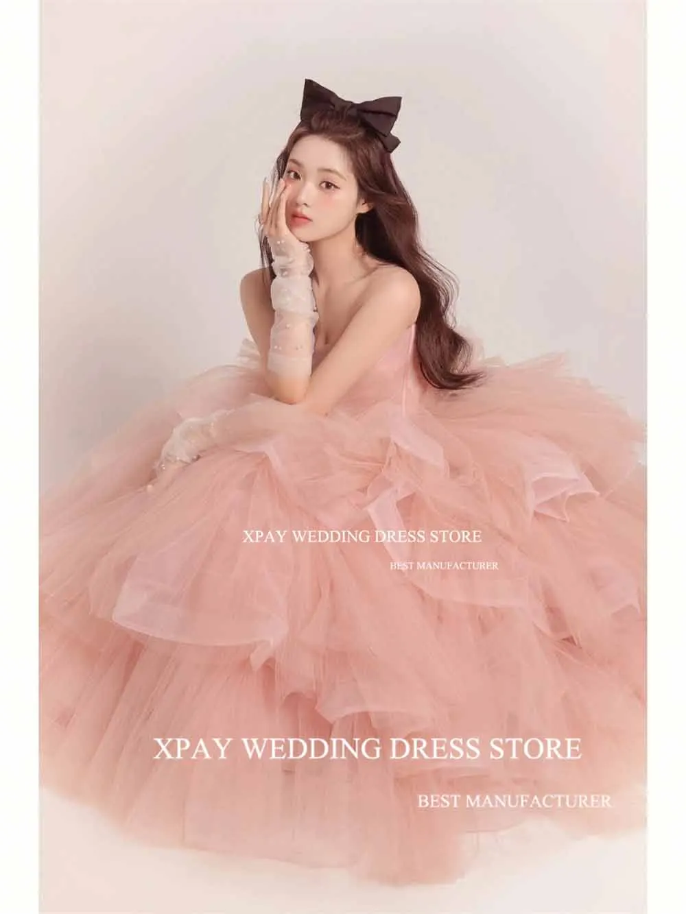 XPAY Blush Pink Sweetheart Korea Evening Dresses A Line Sleeveless Ruched Tiered Formal Party Prom Gown For Wedding Photos Shoot