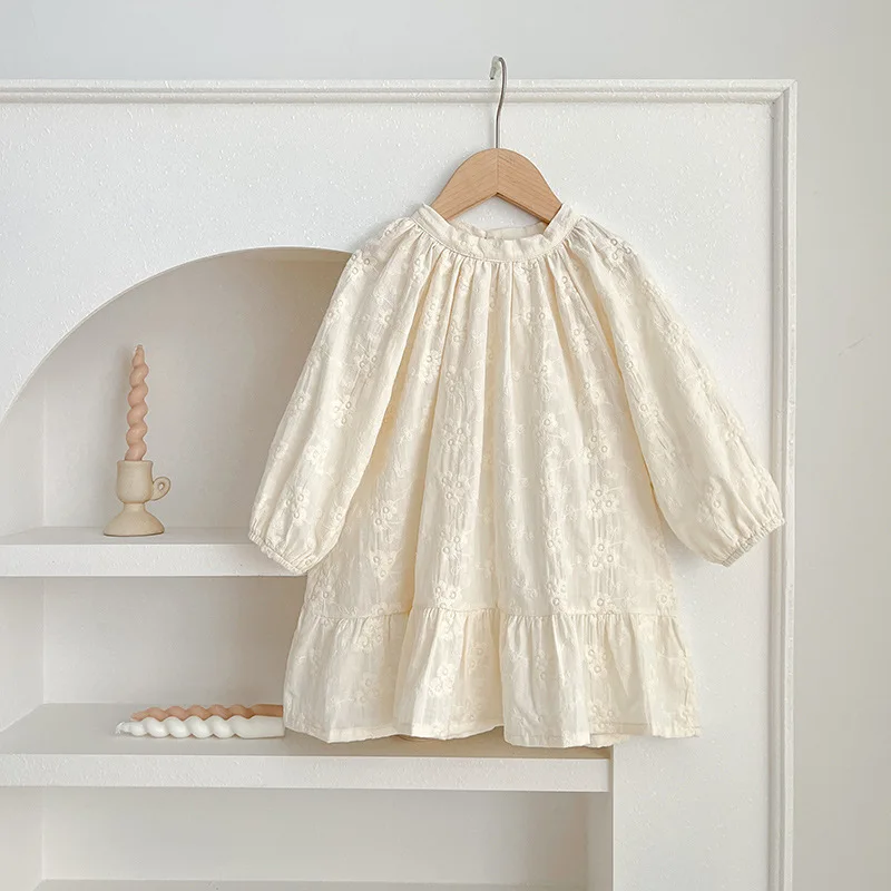 

Childrens Dress Spring and Autumn New Korean French Embroidery Solid Color Round Neck Princess Dress Girl Clothes