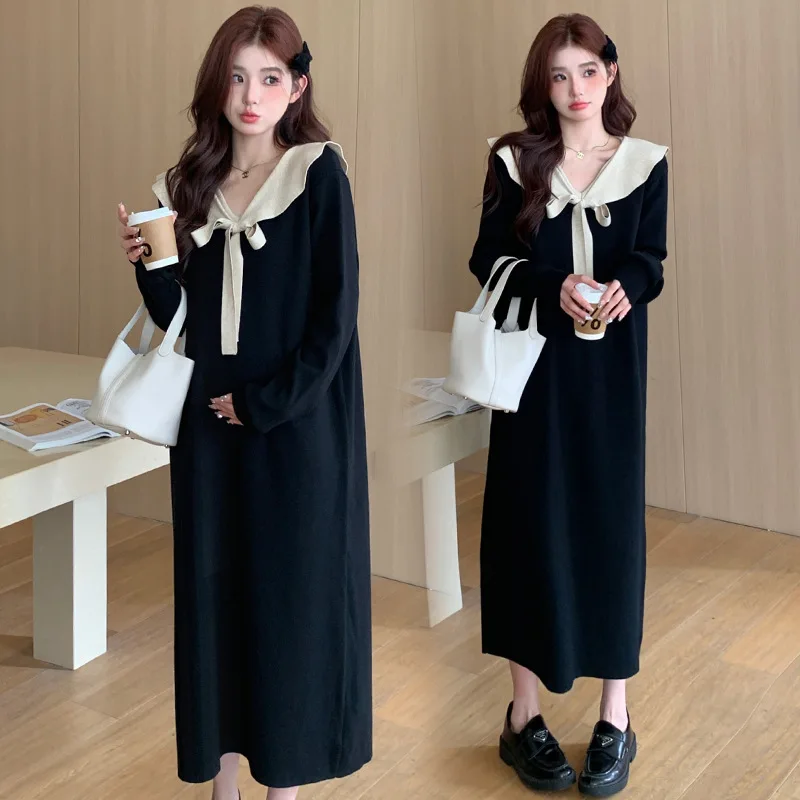 Maternity Dress 2023 Fall Winter Women's Pregnancy Clothes Sweaters Skirts Warm Soft With Ruffle Collar Sleeve Knit Long Dress