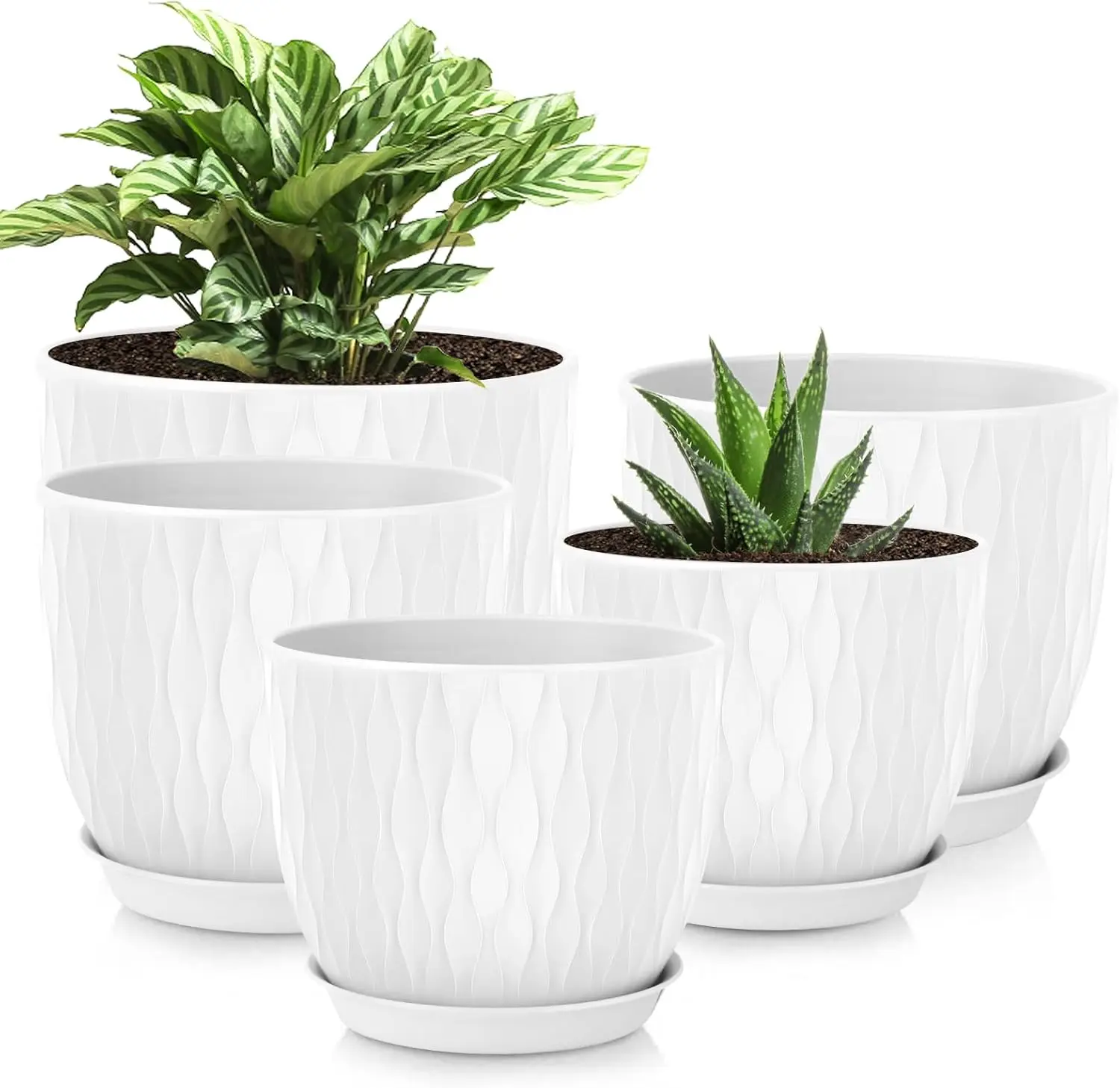 

5-Piece Plastic Plant Pots Set with Saucers, 10/9/8/7.5/7 Inch for Indoor Outdoor Plants, White