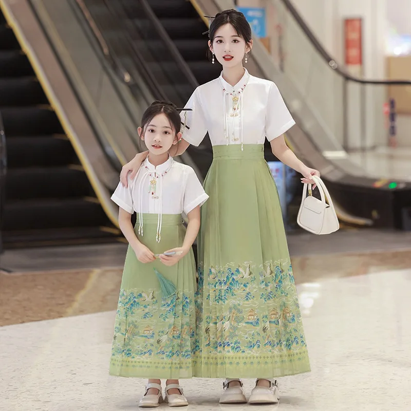 Parent-Child Outfit Mother Daughter Horse Face Skirt Autumn Set Children's Chinese Style Hanfu 2024 New Girls' Ancient Clothing