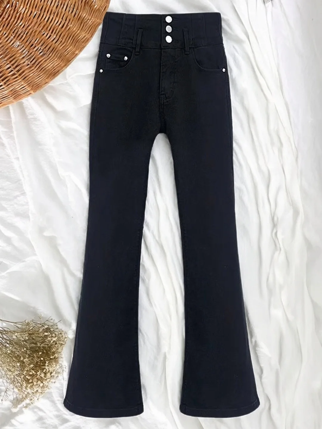 

Джинсы с высокой талией, эластичные, на двойной пуговице, облегающие, слегка острого кроя, повседневные, длинные, корейские, с фиксацией цвета, осень-зима