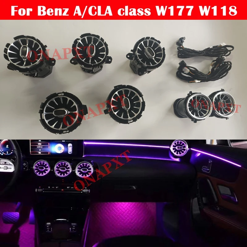 LED carro ventilação turbina bocal de saída, luz ambiente, atmosfera lâmpada de néon, 64 cores conjunto para Mercedes-Benz A, CLA classe W177, W118