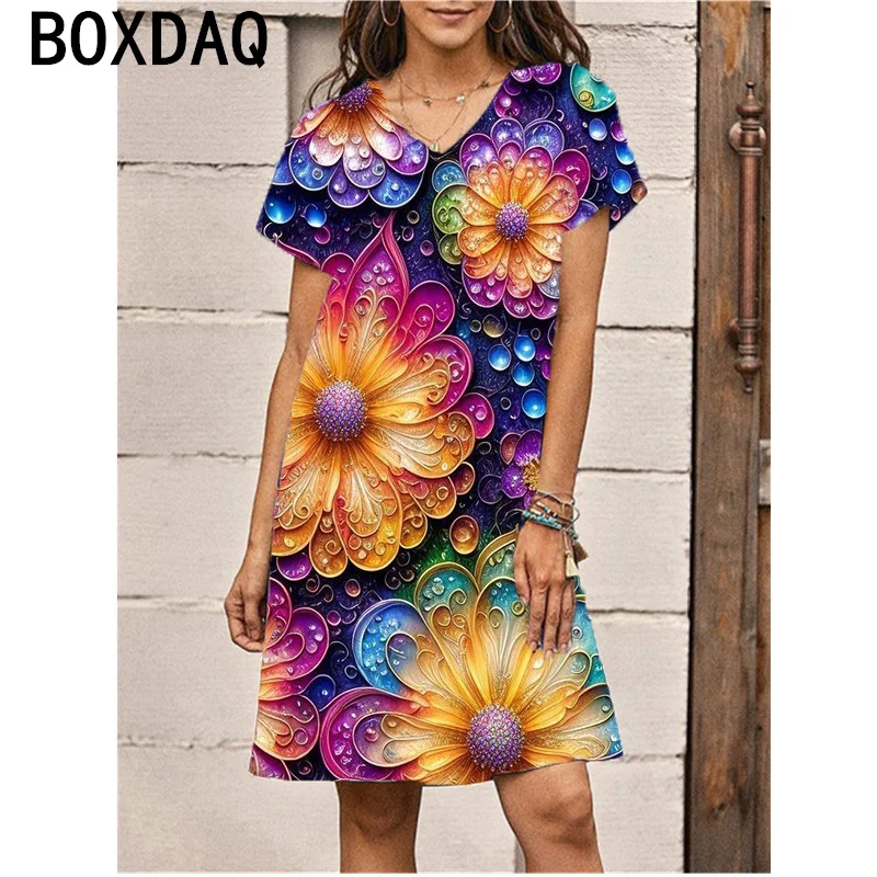 Retro Floral Print Dress 3D Fresh Cute Style Dress Plus Size 6XL Summer Short Sleeve V-Neck Casual A-Line Dress Vestidos