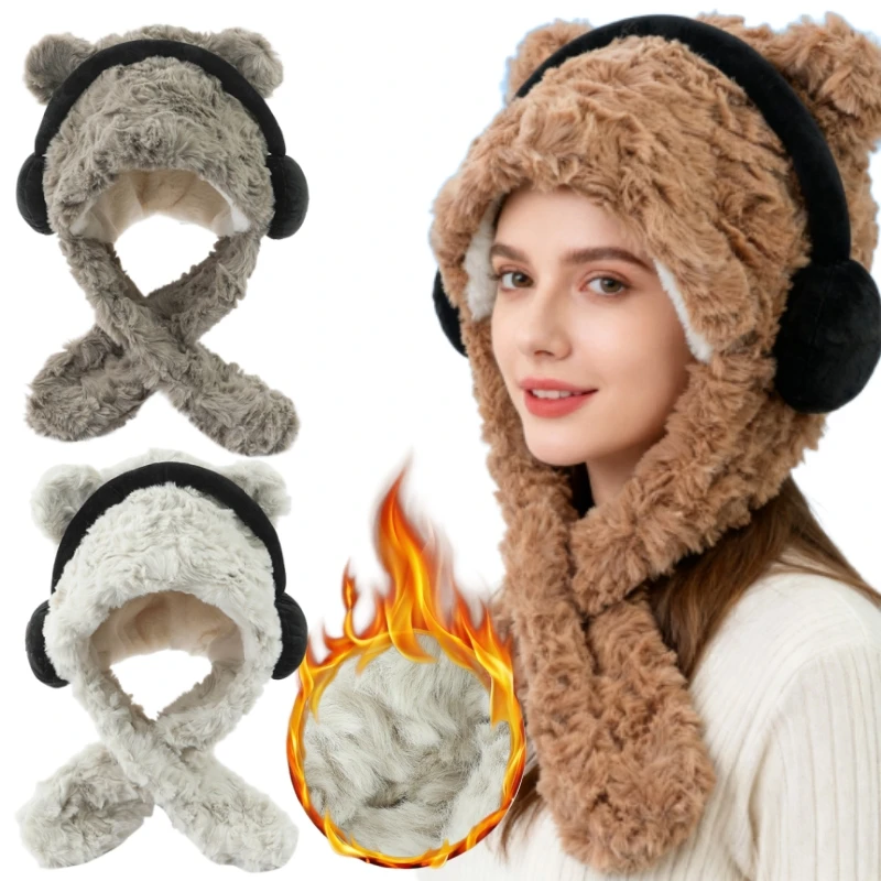 Gorro con orejas de oso para mujer, bufanda combinada, capucha forrada de lana a prueba de viento con orejeras para protección y calidez del cuello en clima frío