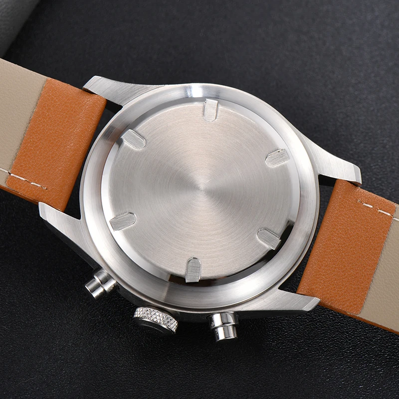 New Fashion Parnis 42mm Silver Case Quartz Chronograph Men Watch Brown Leather Strap Week Display Calendar Watches 2024 Clock