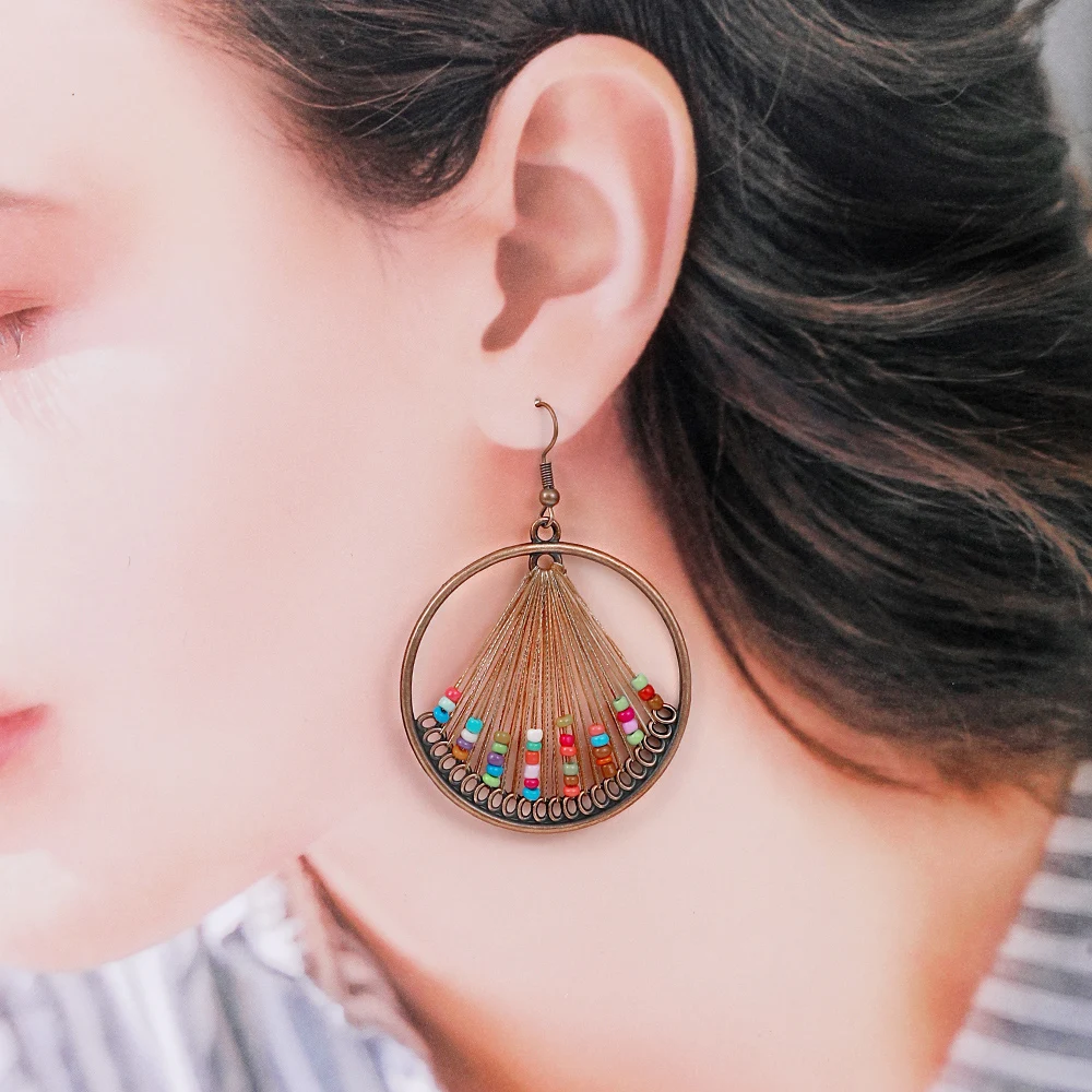 Vintage Red Copper Rainbow Bead Threader Earrings Retro Boho Teardrop &Hoop Drop Earrings Ethnic Handmade Women Vacation Jewelry