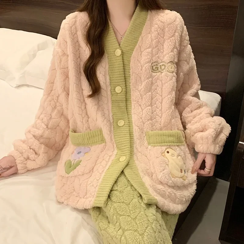 V-neck Pajama Sets Women Jacquard Trendy Coral Fleece Korean Fashion Autumn Winter Plush Cozy Long Sleeve Popular Daily Homewear