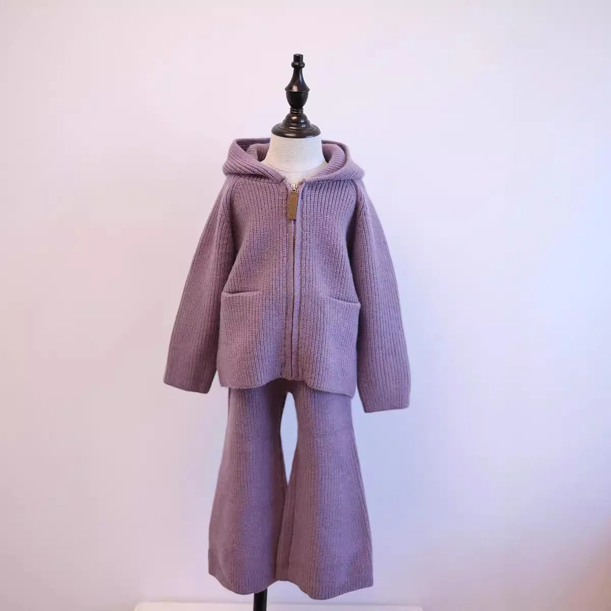 Autumn and winter new red purple apricot sweater girl knitted hooded ball cardigan top wide leg pants two sets90-140cm