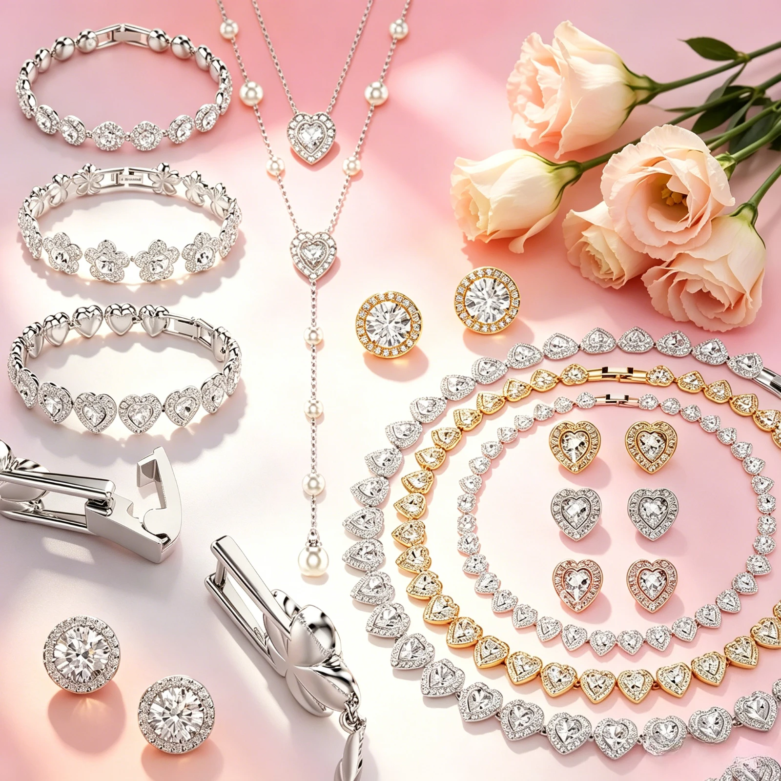 

2026 Romantic Love Heart Floral Cubic Zirconia Jewelry Set,Necklace Earring Bangle,Light luxury Elegant